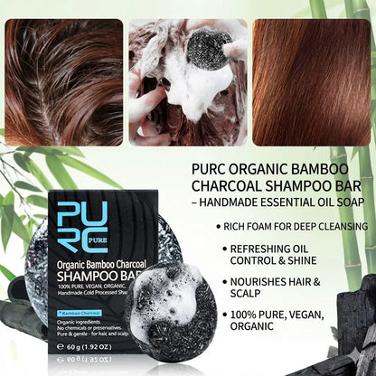 PURC Handmade Bamboo Charcoal Shampoo Bar Natural Essential Oil Soap Rich Lather Deep Clean Scalp Anti Dandruff Hair Care for Re