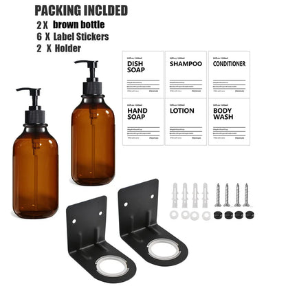 Soap Dispenser Brown Wall Mounted Shampoo Shower Gel Lotion Refillable Empty Bottle with Label Tray Kitchen Accessories 500ML