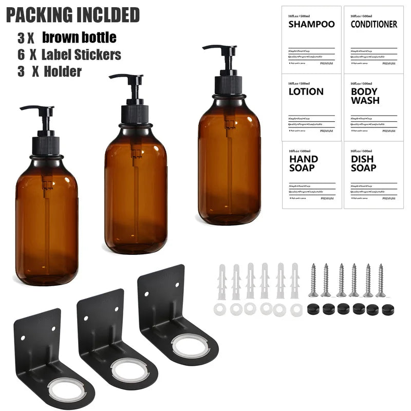 Soap Dispenser Brown Wall Mounted Shampoo Shower Gel Lotion Refillable Empty Bottle with Label Tray Kitchen Accessories 500ML