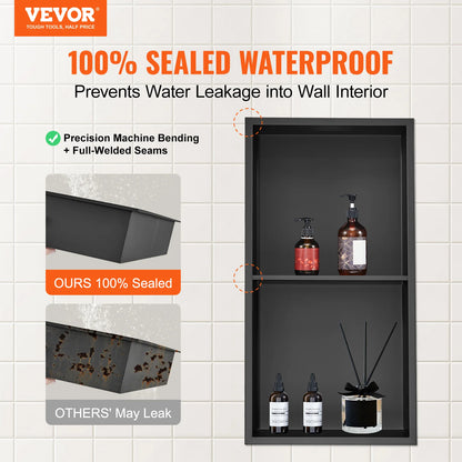 SucceBuy No Tile Shower Niche 304 Stainless Steel Wall Inserted Niche Recessed Double Shelves for Shower  Soap Storage Bathroom