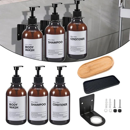 Soap Dispenser Brown Wall Mounted Shampoo Shower Gel Lotion Refillable Empty Bottle with Label Tray Kitchen Accessories 500ML