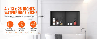 SucceBuy No Tile Shower Niche 304 Stainless Steel Wall Inserted Niche Recessed Double Shelves for Shower  Soap Storage Bathroom