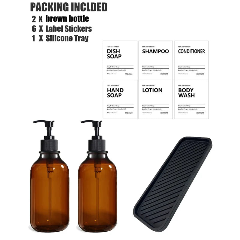 Soap Dispenser Brown Wall Mounted Shampoo Shower Gel Lotion Refillable Empty Bottle with Label Tray Kitchen Accessories 500ML