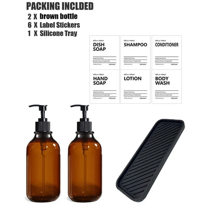 Soap Dispenser Brown Wall Mounted Shampoo Shower Gel Lotion Refillable Empty Bottle with Label Tray Kitchen Accessories 500ML