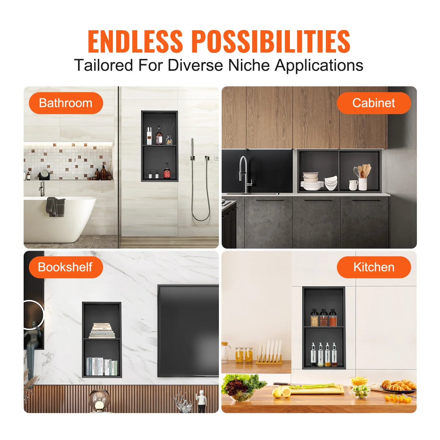 SucceBuy No Tile Shower Niche 304 Stainless Steel Wall Inserted Niche Recessed Double Shelves for Shower  Soap Storage Bathroom