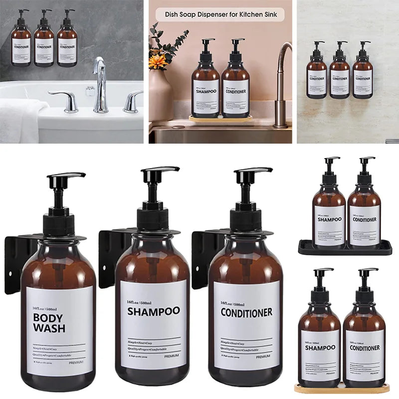 Soap Dispenser Brown Wall Mounted Shampoo Shower Gel Lotion Refillable Empty Bottle with Label Tray Kitchen Accessories 500ML