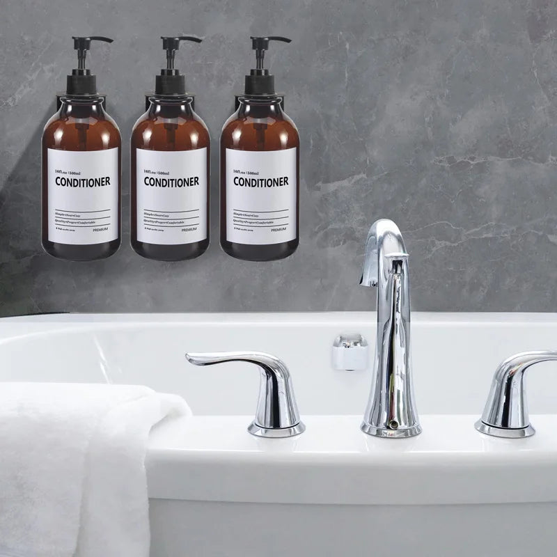 Soap Dispenser Brown Wall Mounted Shampoo Shower Gel Lotion Refillable Empty Bottle with Label Tray Kitchen Accessories 500ML