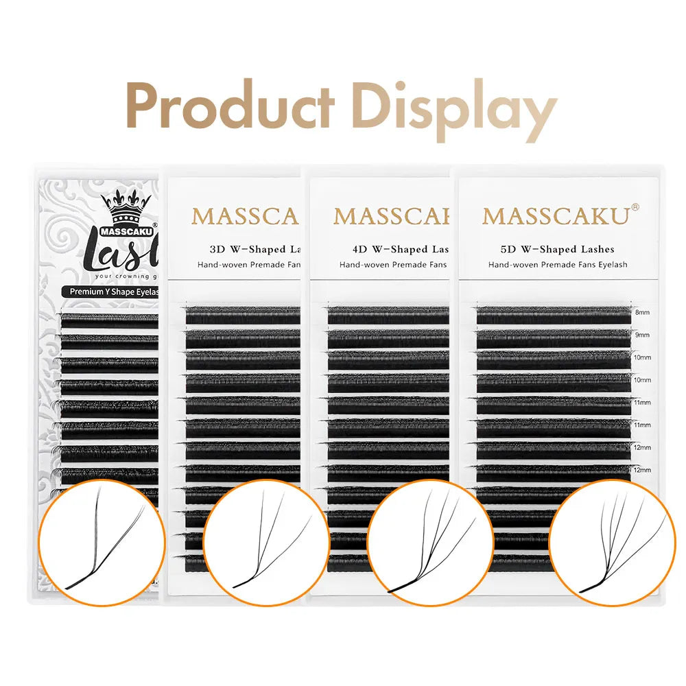MASSCAKU LU/L Curl YY 3D 4D 5D W Style Lash Extension Handcrafted Soft Fiber Natural Lash Effect Mixed 8–15mm Length for Salon
