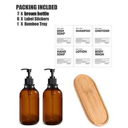 Soap Dispenser Brown Wall Mounted Shampoo Shower Gel Lotion Refillable Empty Bottle with Label Tray Kitchen Accessories 500ML