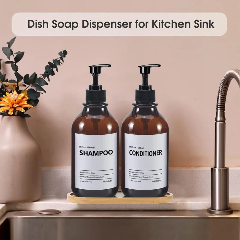 Soap Dispenser Brown Wall Mounted Shampoo Shower Gel Lotion Refillable Empty Bottle with Label Tray Kitchen Accessories 500ML