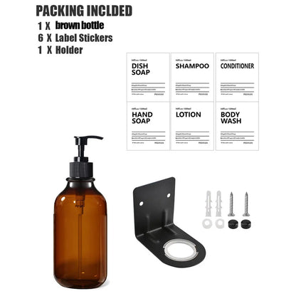 Soap Dispenser Brown Wall Mounted Shampoo Shower Gel Lotion Refillable Empty Bottle with Label Tray Kitchen Accessories 500ML