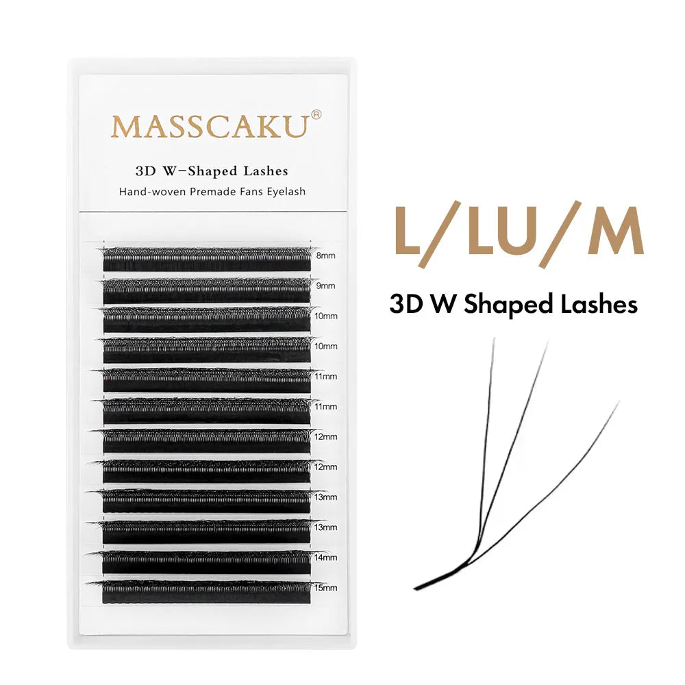 MASSCAKU LU/L Curl YY 3D 4D 5D W Style Lash Extension Handcrafted Soft Fiber Natural Lash Effect Mixed 8–15mm Length for Salon