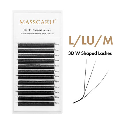 MASSCAKU LU/L Curl YY 3D 4D 5D W Style Lash Extension Handcrafted Soft Fiber Natural Lash Effect Mixed 8–15mm Length for Salon