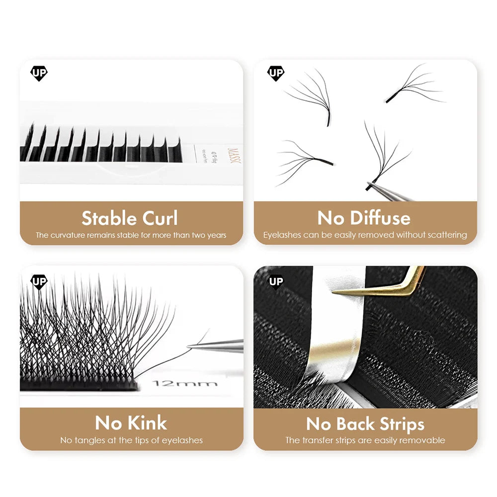 MASSCAKU LU/L Curl YY 3D 4D 5D W Style Lash Extension Handcrafted Soft Fiber Natural Lash Effect Mixed 8–15mm Length for Salon