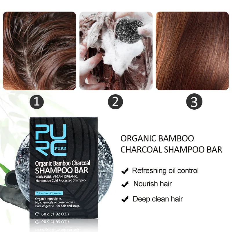 PURC Handmade Bamboo Charcoal Shampoo Bar Natural Essential Oil Soap Rich Lather Deep Clean Scalp Anti Dandruff Hair Care for Re