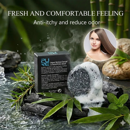 PURC Handmade Bamboo Charcoal Shampoo Bar Natural Essential Oil Soap Rich Lather Deep Clean Scalp Anti Dandruff Hair Care for Re
